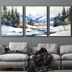 Rocky Mountains Painting Set of 3 Prints Wyoming Watercolor Landscape Jackson Hole Mountain Art Print Misty Forest Poster Panoramic Wall Art