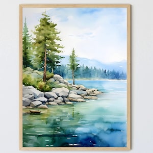 Tahoe Lake Art Print Forest Watercolor Painting Minimalist Wall Art Mountain Landscape Print California Wall Decor Pine Forest Painting