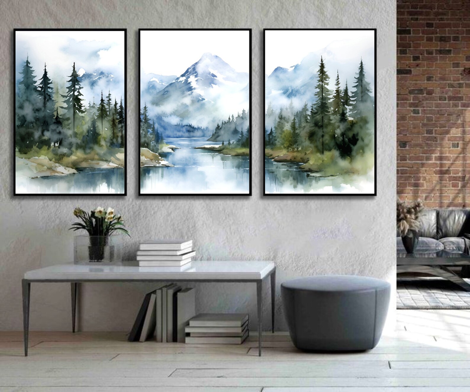 Mountain Set of 3 Nature Landscape National Park Poster Watercolor Lake ...