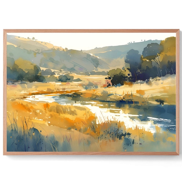 Jordan River Painting Forest River Watercolor Art Print Utah Landscape Wall Art Green Yellow Nature Print