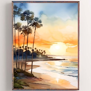 Laguna Beach Print California Watercolor Painting Large Beach Art Print Coastal Wall Art Orange Travel Poster