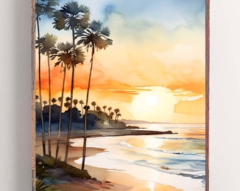 Laguna Beach Watercolor Art Print: California Coastal Sunset