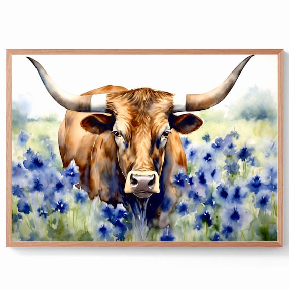 Texas Longhorn Cow Print Watercolor Wall Art Hill Country
