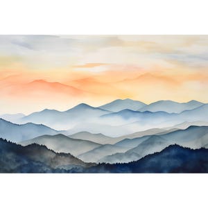 Smoky Mountains Print North Carolina Watercolor Art Sunrise Mountain Print Panoramic Landscape Painting Minimalist Wall Art Blue Pink Art