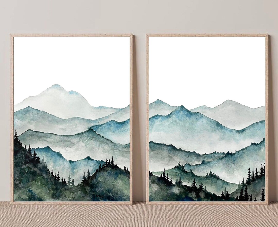Mountain Landscape Art Watercolor Print Diptych Wall Art Minimalist ...