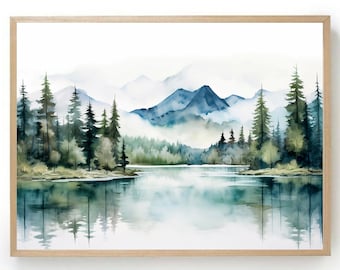 Mountain lake poster large watercolor wall art panorama landscape print indigo blue painting sage green lake minimalist art