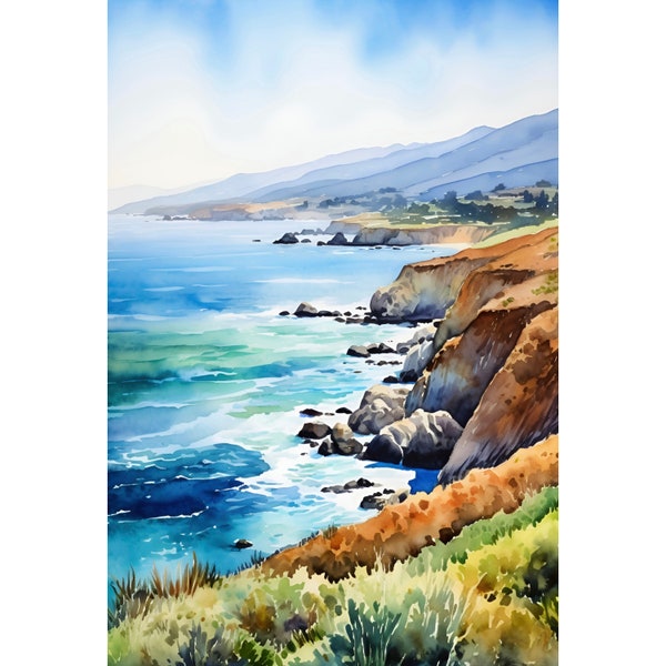 Colorful California Coast Watercolor Art Print California Travel Art Big Sur Painting Beach Illustration Ocean Landscape Wall Art