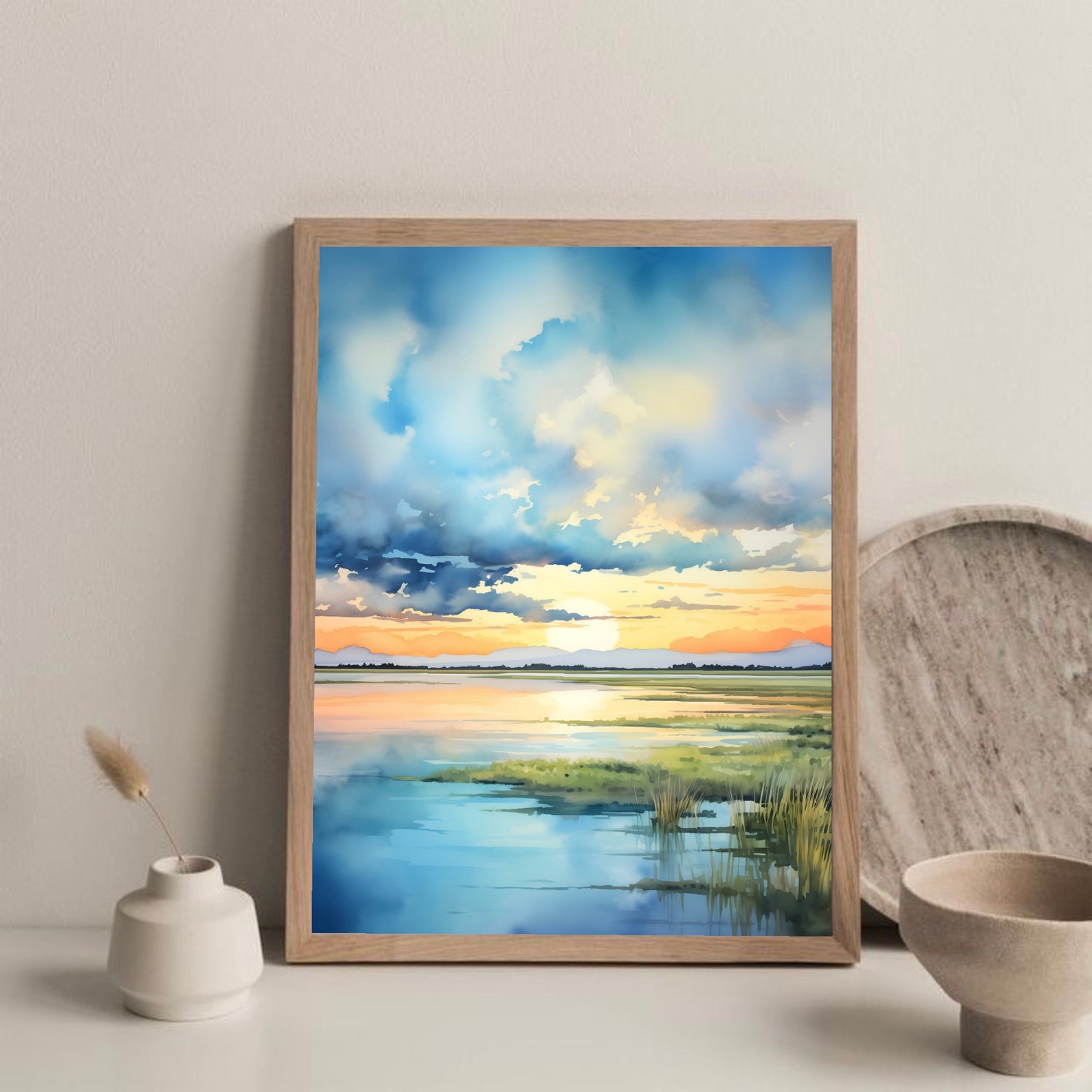 Nebraska Painting Sunrise Lake Art Print Large Watercolor Minimalist ...