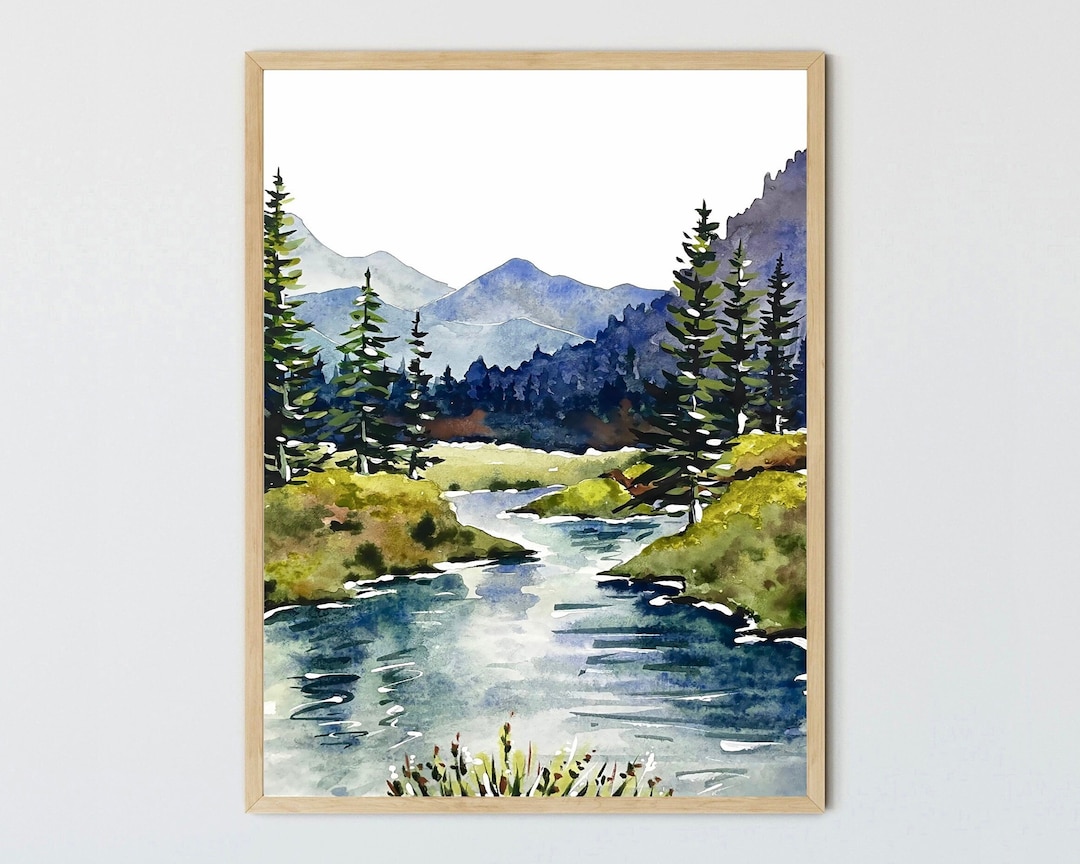 Mountain River Art Watercolor Painting Large Wall Art Mountains Forest ...