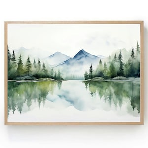 Mountain lake painting watercolor art print blue green wall art panoramic landscape abstract minimalist wall art mountains painting