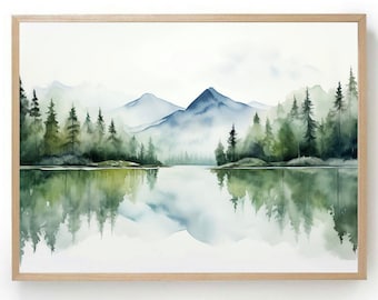Mountain lake painting watercolor art print blue green wall art panoramic landscape abstract minimalist wall art mountains painting