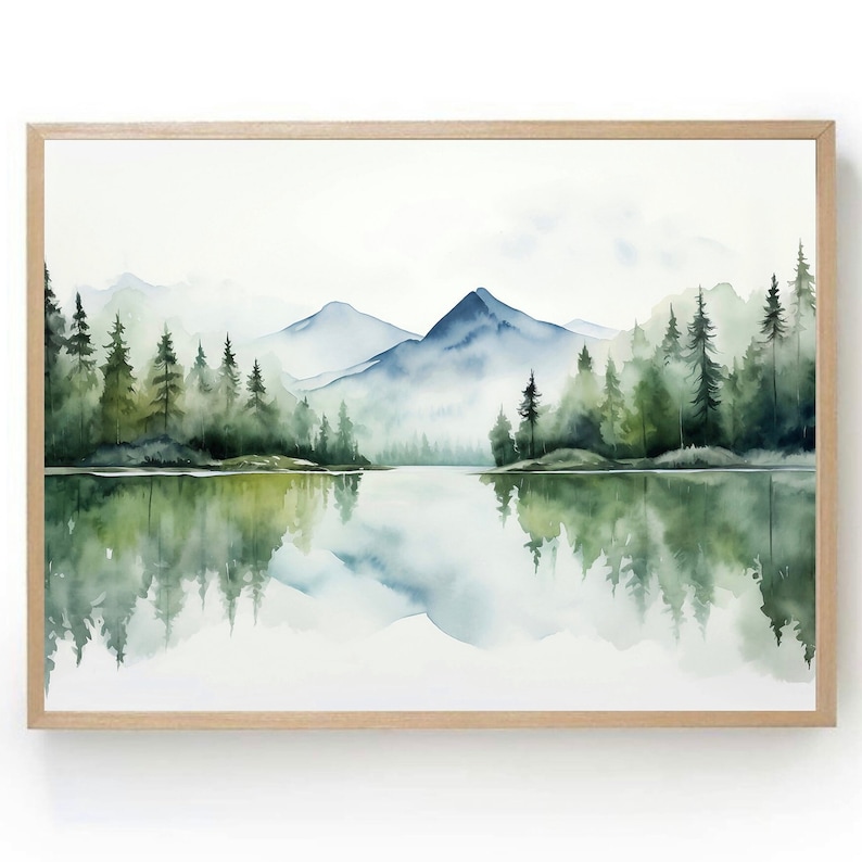 May include: A watercolor painting of a mountain lake scene with a reflection of the mountains and trees in the water. The mountains are blue and the trees are green.