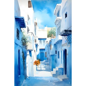 Morocco Wall Art Print Chefchaouen Watercolor Painting Blue City Wall Art Africa Travel Poster Minimalist Painting
