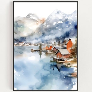 Norway Mountains Print Bergen Watercolor Painting Blue Red Panoramic Landscape Norwegian Wall Art Scandinavian Travel Print