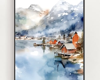 Norway Mountains Print Bergen Watercolor Painting Blue Red Panoramic Landscape Norwegian Wall Art Scandinavian Travel Print