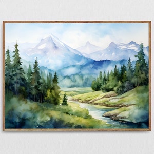 Iron Mountain Idaho Watercolor Painting Pine Tree Wall Art Panoramic Landscape Mountain River Prints Teal Forest Art Print Blue Green Art