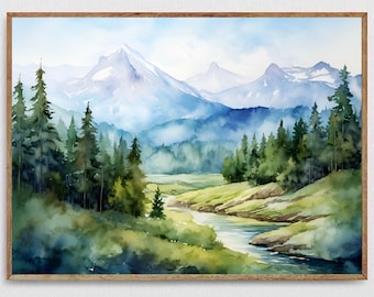 Iron Mountain Idaho Watercolor Painting Pine Tree Wall Art Panoramic Landscape Mountain River Prints Teal Forest Art Print Blue Green Art