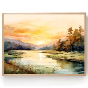 Catawba River Forest Painting South Carolina Watercolor Print Sunrise Wall Art Calming Panoramic Landscape Green Pink Wall Decor
