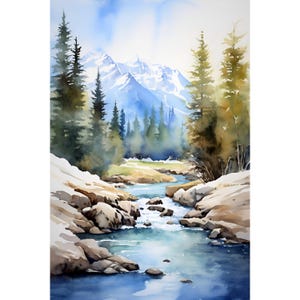 May include: A watercolour painting of a mountain stream flowing through a woodland. The stream is surrounded by rocks and the water is a light blue colour. The woodland is made up of tall, green trees and the mountains in the background are covered in snow.
