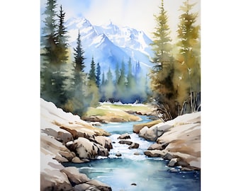 Bitterroot River Painting Rocky Mountains Watercolor Art Montana Landscape Print Mountain River Wall Art Nature Poster Print