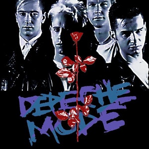 May include: A black and white photo of four men in a band, Depeche Mode, with a red rose and leaves in the center. The band's name is written in blue and purple letters.