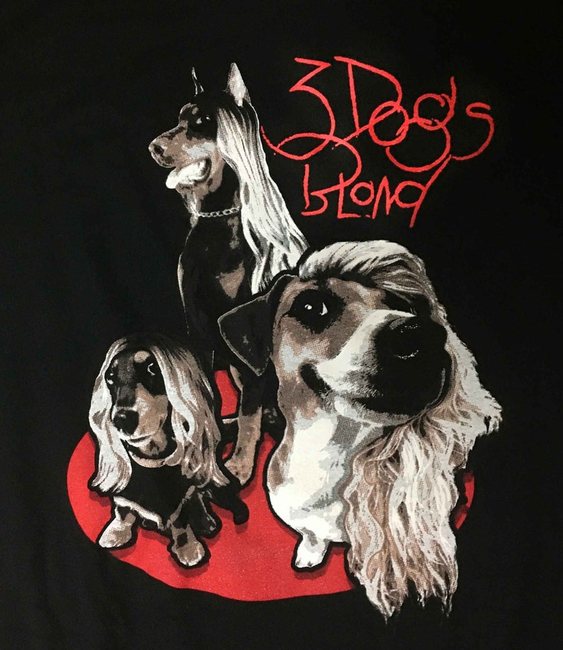 May include: A black t-shirt with a red graphic of three dogs with long hair. The dogs are a Doberman, a Jack Russell Terrier, and a Dachshund. The text "3 Dogs Strong" is written in red above the dogs.