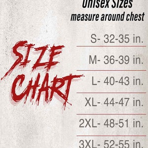 May include: Unisex size chart with measurements in inches for sizes S through 3XL. The chart shows the chest measurement for each size.