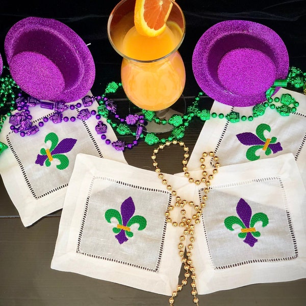 Embroidered Fleur-De-Lis, Mardi Gras Cocktail Napkins/Coasters Set of Four