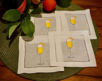 Embroidered Mimosa Brunch Cocktail Napkins/Coasters Set of Four
