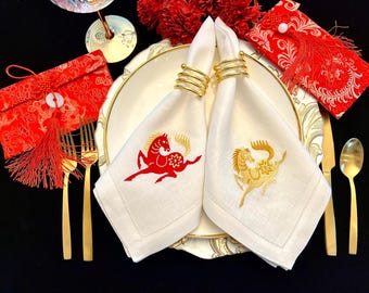 Embroidered Lunar New Year, Year of the Horse Linen Hemstitch Dinner Napkins, Red and Gold Horse, and Gold Horse, Set of Four