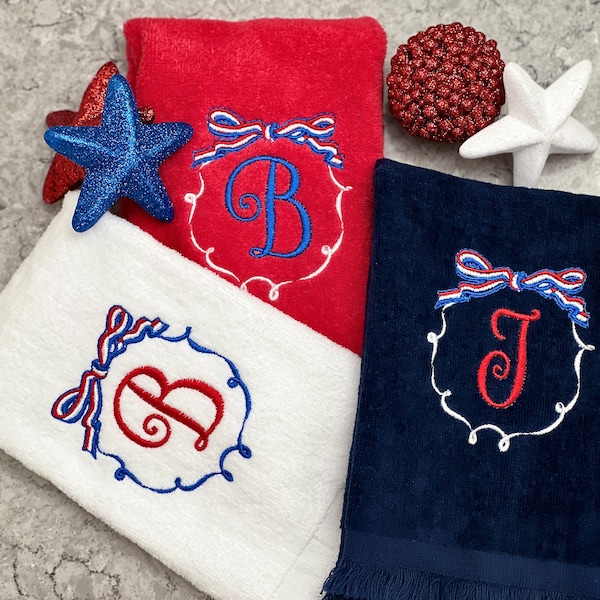 Embroidered Patriotic Vintage Bow Monogrammed Fingertip Towels Set of Two