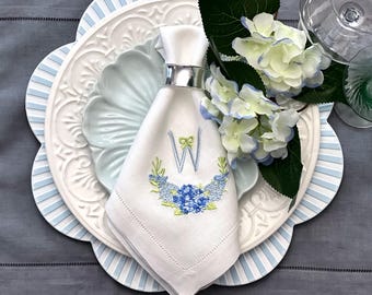 Embroidered Blue Variegated Hydrangea Wreath Monogrammed Linen Dinner Napkins Set of Four