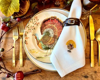 Embroidered Holiday Turkey Linen Dinner Napkins Set of Four