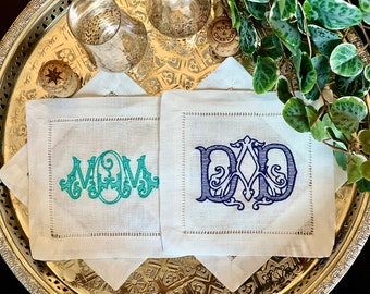 Embroidered “MOM” or “DAD” Cocktail Napkins/Coasters Set of Four