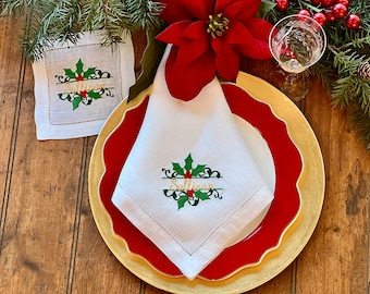 Embroidered Personalized Split-Frame Holly Dinner Napkins or Cocktail Napkins/Coasters Set of Four