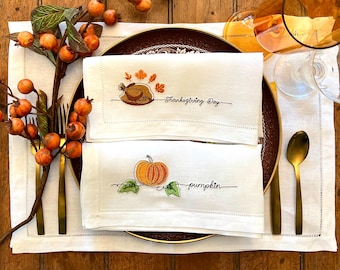 Embroidered Thanksgiving Day Turkey or Pumpkin Fall Linen Hemstitch Dinner Napkins Set of Four