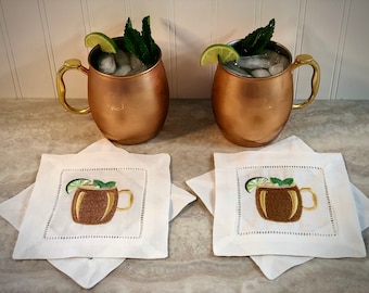 Embroidered Moscow Mule Cocktail Napkins/Coasters Set of Four