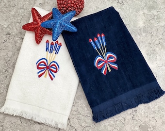 Embroidered Patriotic Vintage Firecracker Fingertip Towels Set of Two