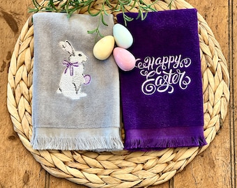 Embroidered Easter Bunny with Easter Egg and “Happy Easter” Fingertip Towels Set of Two