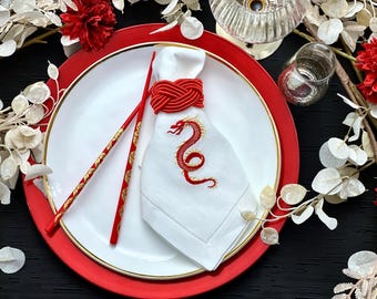 Embroidered Lunar New Year, Year of the Snake, Red and Gold Snake Linen Dinner Napkins l Set of Four