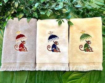 Embroidered Chinoiserie Monkey with Fringed Parasol Fingertip Towels Set of Two