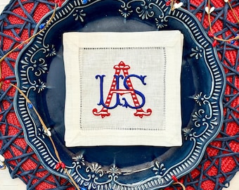 Embroidered Ribbed Red and Blue USA Monogram Linen Hemstitch Cocktail Napkins/Coasters Set of Four