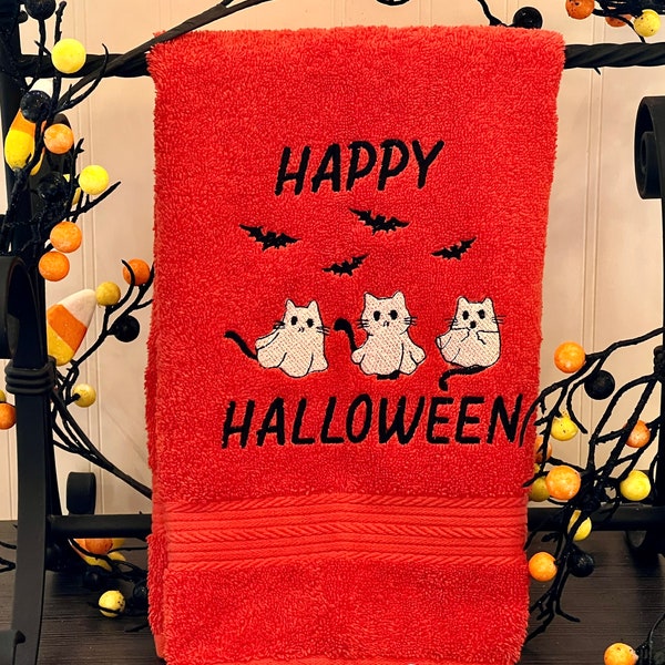 Embroidered Ghost Cats "Happy Halloween" Hand Towel