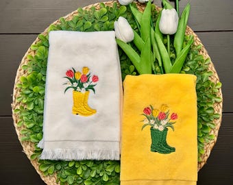 Embroidered  Rain Boots with Spring Tulips Fingertip Towels Set of Two
