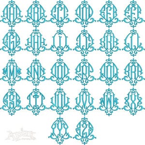 May include: A selection of teal monogram embroidery designs, each showcasing a different letter of the alphabet. The letters are set within elaborate, decorative frames with swirling floral patterns. The designs are presented against a white backdrop.