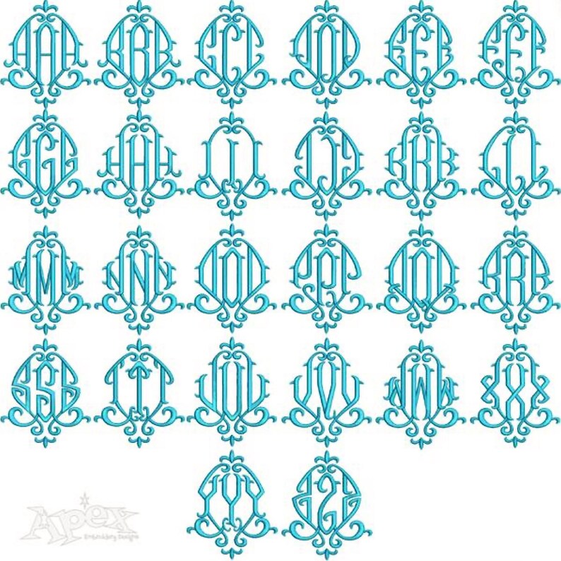 May include: A selection of teal monogram embroidery designs, each showcasing a different letter of the alphabet. The letters are set within elaborate, decorative frames with swirling floral patterns. The designs are presented against a white backdrop.