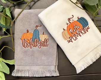 Embroidered “Hello Pumpkin” and “It’s Fall, Y’all” Pumpkin Fingertip Towels Set of Two