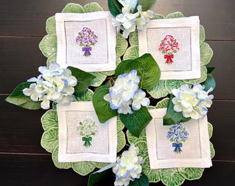 Embroidered Variegated Hydrangea Bouquet Linen Hemstitch Cocktail Napkins/Coasters Set of Four