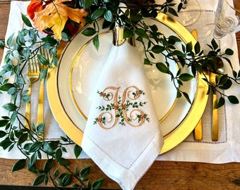 Embroidered Vintage Rose Monogrammed Linen Dinner Napkins Set of Four