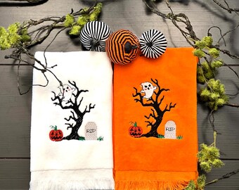 Embroidered Halloween Twiggy Tree with Ghost Fingertip Towels Set of Two